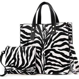 Shoulder Bag for Women Zebra Print Cows Deer Pattern PU Tote Purse Satchel Handbag Matching Clutch (Zebra print),Black and White