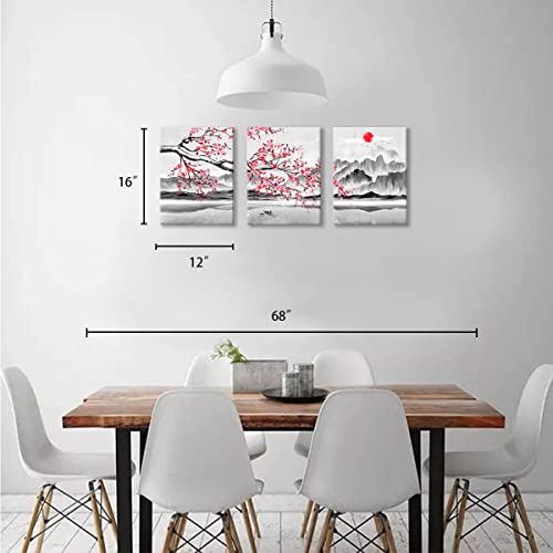 COKIMUN Cherry Blossom Decor - Japanese Decor Cherry Blossom Wall Art Black White Wall Art Pink Floral Painting Art Paintings Living Room Wall Decorations Wall Decor Bedroom Framed 12x16inch x3pcs