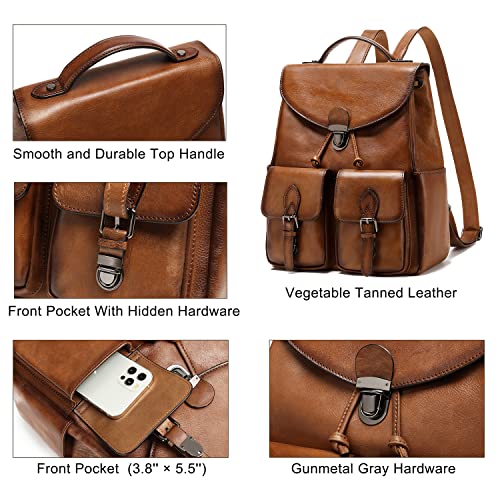 Women Vintage Genuine Leather Backpack Purse Fashion Rucksack Practical and Stylish Retro Daypack Bag (Brown)
