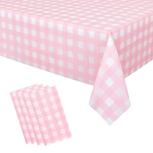 4 Pcs Pink Gingham Tablecloth 54 × 108 Inches Pink and White Checkered Table Cloth Disposable Plastic Waterproof Tablecover for Outdoor Picnic, Birthday Party, Holiday Dinner