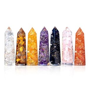 orgone healing point wands set of 7 includes 3.5” amethyst crystal, rose quartz, black tourmaline, tigers eye, citrine, carnelian, and clear quartz-big crystals for spiritual meditation and protection