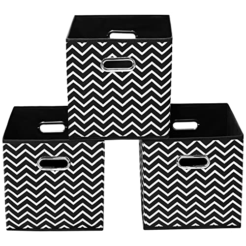 Yunkeeper 11 Inch Cube Storage Bins, Fabric Cube Organizer Bins with Handle, Foldable Cube Bins for Cloth or Accessary Storage, 11x11x11 Set of 3 (Black Wave)