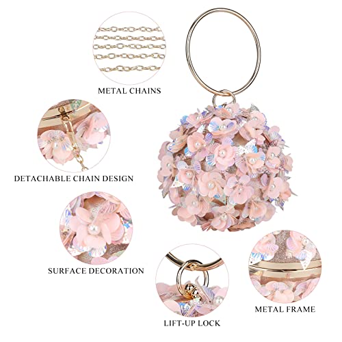 Selighting Round Ball Floral Clutch Purses for Women Evening Bag Formal Beaded Wedding Bridal Handbag Ladies Prom Party Purse Pink