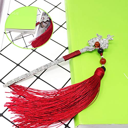 yueton Vintage Metal Bookmarks with Tassels and Beads Chinese Style Bookmarkers Silver Plated Alloy Page Marker for Book Lovers Gift Collections