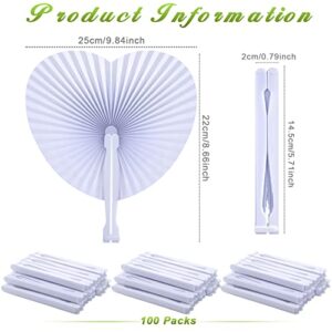 100 Packs Heart Shaped Wedding Folding Fans White Paper Fans Foldable Personalized Fan Decorative Blank Fan Round Handheld Fan with Plastic Fan Handles for Women Girls Guest Wedding Party Pocket Favor