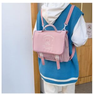 YUESUO Japanese Kawaii Plaid Bear Strawberry Backpack 3 Way Multi Bag for Girl Women JK Lolita Student Cosplay Satchel Book Bag (Pink,Medium)