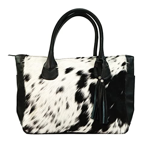 bonanza leathers cowhide leather women's Tote handbag Both sides cowhide with zipper closure H5 (Black)