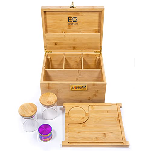 ES - EasyStore – Large Premium Bamboo Storage Stash Box, Bamoo Tray, Glass Jars, Storage Box with Numerical Combo Lock.