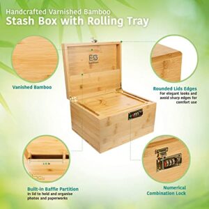 ES - EasyStore – Large Premium Bamboo Storage Stash Box, Bamoo Tray, Glass Jars, Storage Box with Numerical Combo Lock.