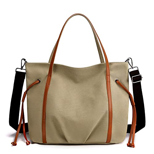 Canvas Shoulder Handbag Tote Bags for Women Top Handle Satchel Handbags Messenger Bag Purse with Adjustable Shoulder Strap (Khaki)