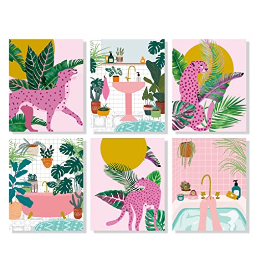 YIMEHDAN Moroccan Leopard Wall Art Print -- Jungle Animal with Tropical Leaves Canvas Print -- Abstract Pink Cheetah and Plant Artwork for Bathroom Home Decor ( Set of 6 ) -- Unframed -- 8X10 inch