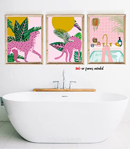 YIMEHDAN Moroccan Leopard Wall Art Print -- Jungle Animal with Tropical Leaves Canvas Print -- Abstract Pink Cheetah and Plant Artwork for Bathroom Home Decor ( Set of 6 ) -- Unframed -- 8X10 inch