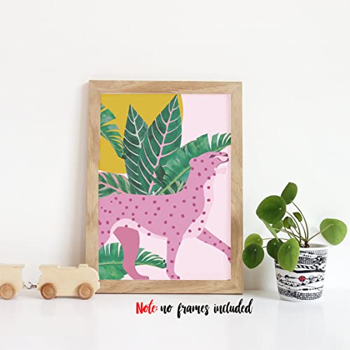 YIMEHDAN Moroccan Leopard Wall Art Print -- Jungle Animal with Tropical Leaves Canvas Print -- Abstract Pink Cheetah and Plant Artwork for Bathroom Home Decor ( Set of 6 ) -- Unframed -- 8X10 inch