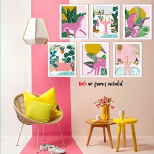 YIMEHDAN Moroccan Leopard Wall Art Print -- Jungle Animal with Tropical Leaves Canvas Print -- Abstract Pink Cheetah and Plant Artwork for Bathroom Home Decor ( Set of 6 ) -- Unframed -- 8X10 inch