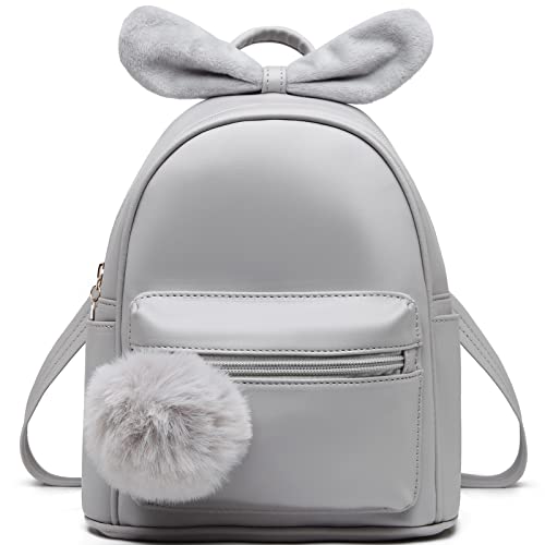 I IHAYNER Mini Backpack for Girls Small Backpack Purse Teen Girls Cute Leather Backpack Women Pompom Backpack Shoulder Bag Grey