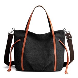 canvas shoulder handbag tote bags for women top handle satchel handbags messenger bag purse with adjustable shoulder strap (black)