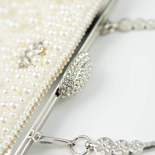 Ofuleo Luxury Pearl Clutch Purses Homecoming Crossbody Crystal Women's Evening Handbag Tote for Wedding Evening Casual Party (Beige with Rhinestones)