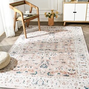 jinchan Area Rug 5x7 Persian Rug Vintage Floor Cover Foldable Thin Rug Indoor Retro Blush Pink Floral Print Distressed Carpet Non Slip Kitchen Living Room Bedroom Dining Room