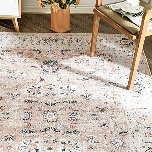 jinchan Area Rug 5x7 Persian Rug Vintage Floor Cover Foldable Thin Rug Indoor Retro Blush Pink Floral Print Distressed Carpet Non Slip Kitchen Living Room Bedroom Dining Room