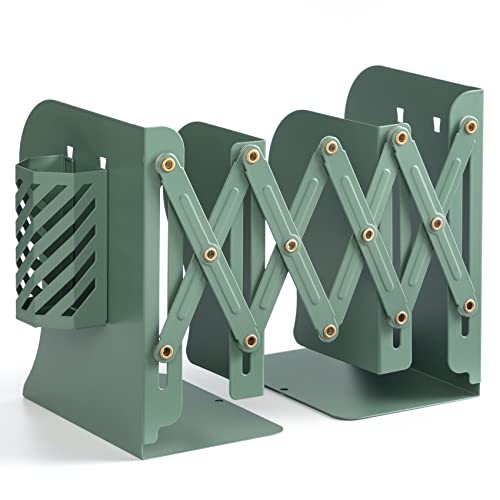 TIANSE Adjustable Bookends Book Holders for 3 Compartments Heavy Duty Metal Steel Book Organizer Stand Desktop Organizer Expandable Bookshelf with Pen Holder (Green 1 Pack)