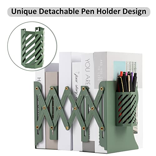 TIANSE Adjustable Bookends Book Holders for 3 Compartments Heavy Duty Metal Steel Book Organizer Stand Desktop Organizer Expandable Bookshelf with Pen Holder (Green 1 Pack)