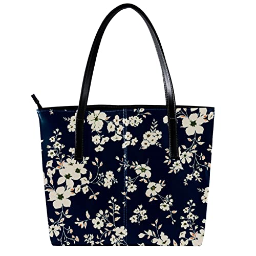 DEYYA Women's Leather Purse and Handbag, Large Capacity Top Handle Satchel Purses Shoulder Bag Floral Navy Blue Flower