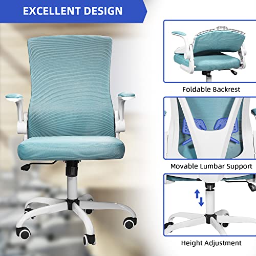 MUZII Ergonomic Office Chair, Computer Desk Chair Swivel Task Chair with Flip-up Arms and Adjustable Lumbar Support, Blue