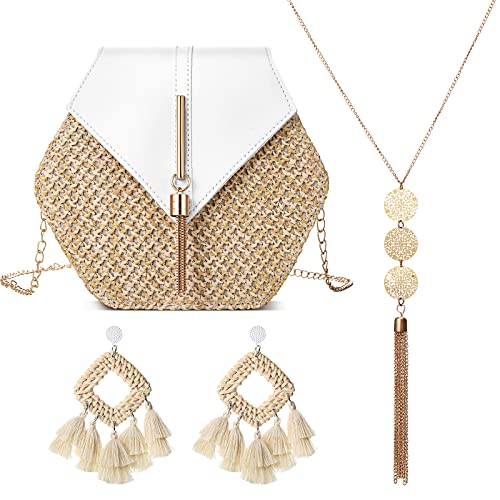 3 Pcs Women's Crossbody Straw Bag Straw Shoulder Bag Bohemia Rattan Tassel Earrings Pendant Tassel Long Hollowed Out Necklace (White)