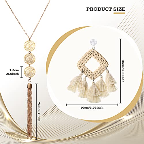 3 Pcs Women's Crossbody Straw Bag Straw Shoulder Bag Bohemia Rattan Tassel Earrings Pendant Tassel Long Hollowed Out Necklace (White)