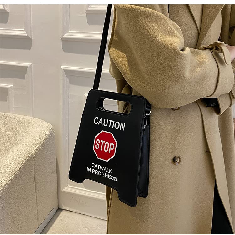 Novelty Shoulder Bag,Fashion Caution Tote Handbags Novelty Stop Sign Purse,Caution Shoulder Bag for Women Girls (Black)