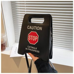 Novelty Shoulder Bag,Fashion Caution Tote Handbags Novelty Stop Sign Purse,Caution Shoulder Bag for Women Girls (Black)