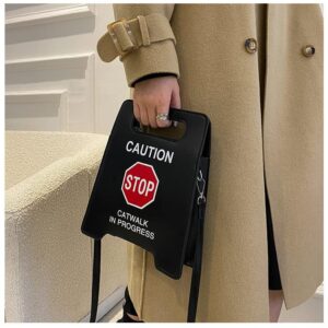 Novelty Shoulder Bag,Fashion Caution Tote Handbags Novelty Stop Sign Purse,Caution Shoulder Bag for Women Girls (Black)