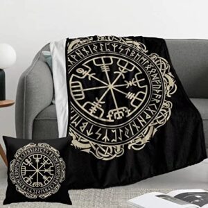 viking throw blanket 60×50 inch, viking design magical runic compass lightweight soft microfiber throw blanket with 18×18 inch pillowcase perfect for bed and sofa