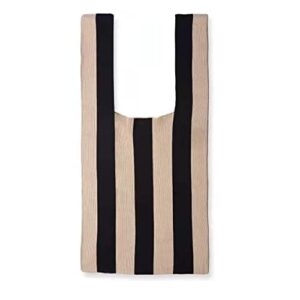 stripe wrist tote knitting handbags japanese knot purse light shopping bag beach bag for women (brown-black)