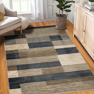bnm indoor large area rug with jute backing, modern geometric, perfect for living and dining room, bedroom, hardwood floors, office, dorm, entryway, rockwood collection, 8′ x 10′, midnight navy