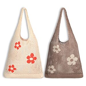 2 pcs boho crochet bag knitted tote bag grunge aesthetic tote bag cottagecore flower shoulder bags mesh hollow casual hippie purse