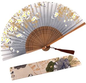 amajiji small folding hand fan for women, chinese japanese vintage style bamboo silk fans for party wedding dancing decoration gift performance (am-13)