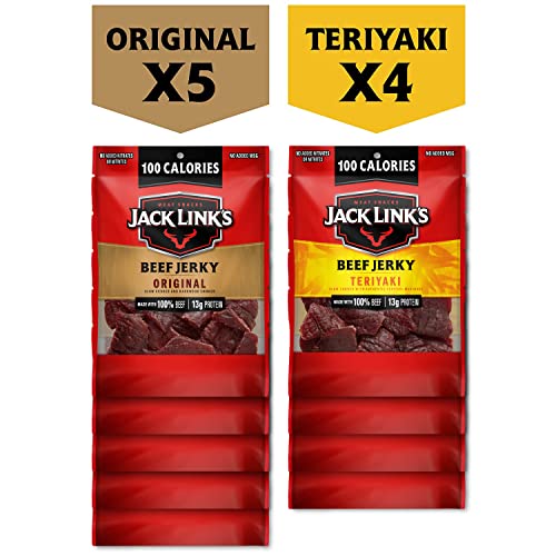 Jack Link's Beef Jerky Variety Pack Great for Easter Basket Stuffers - Includes Original and Teriyaki Flavors, On the Go Snacks, 13g of Protein Per Serving, 9 Count of 1.25 Oz Bags