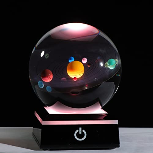 3D Crystal Ball with Solar System Model and LED lamp Base, Clear 80mm (3.15 inch) Solar System Crystal Ball, Best Birthday Gift for Kids, Teacher of Physics, Girlfriend Gift, Classmates and Kids Gift