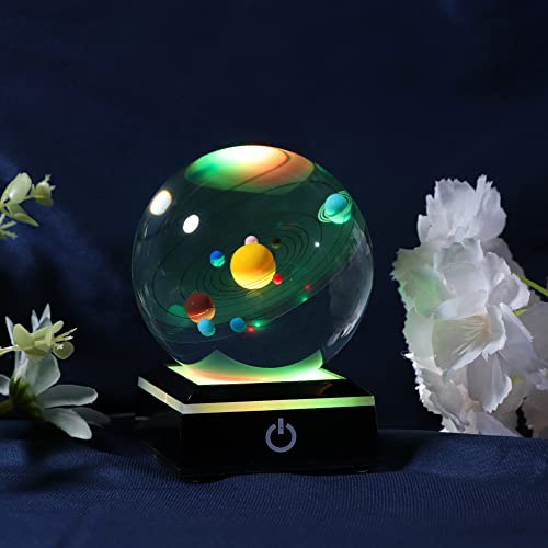 3D Crystal Ball with Solar System Model and LED lamp Base, Clear 80mm (3.15 inch) Solar System Crystal Ball, Best Birthday Gift for Kids, Teacher of Physics, Girlfriend Gift, Classmates and Kids Gift