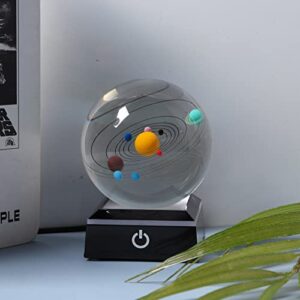 3D Crystal Ball with Solar System Model and LED lamp Base, Clear 80mm (3.15 inch) Solar System Crystal Ball, Best Birthday Gift for Kids, Teacher of Physics, Girlfriend Gift, Classmates and Kids Gift