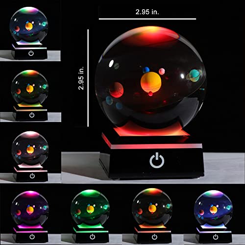 3D Crystal Ball with Solar System Model and LED lamp Base, Clear 80mm (3.15 inch) Solar System Crystal Ball, Best Birthday Gift for Kids, Teacher of Physics, Girlfriend Gift, Classmates and Kids Gift