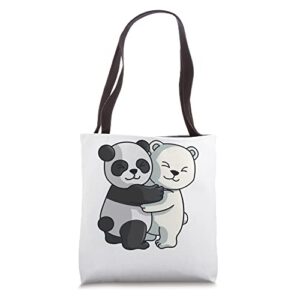 polar bear and panda bears hugging for women girls sisters tote bag
