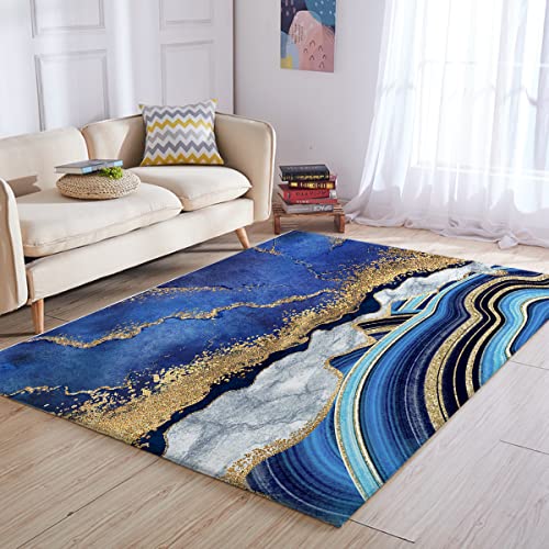 BlessLiving Marble Mat Floor Blue Grey and Gold Glitter Marble Area Rug Modern Pattern Large Carpet for Bedroom Kitchen Living Room, 5' x 8'