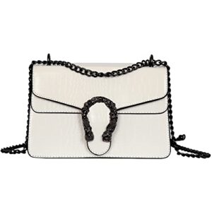 glod jorlee women’s stylish chain strap crossbody shoulder bags – classic stone crocodile pattern leather square flap handbag (white)