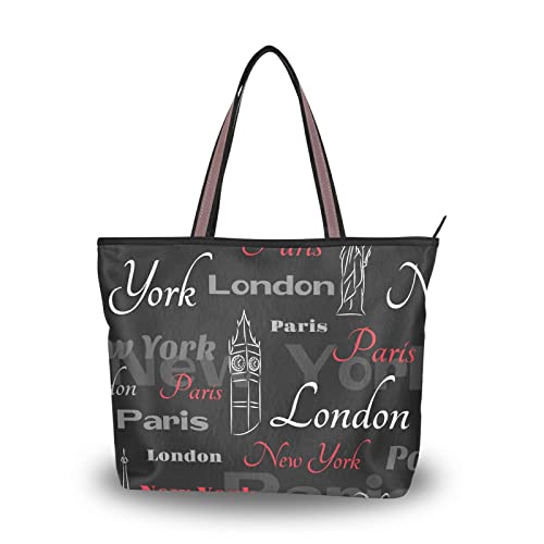 Tote Bag with Pockets for Women Black Words Cloud Shoulder Bag Handbags Zipper Work Small Travel Office Business