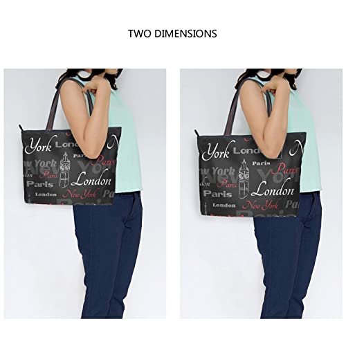 Tote Bag with Pockets for Women Black Words Cloud Shoulder Bag Handbags Zipper Work Small Travel Office Business