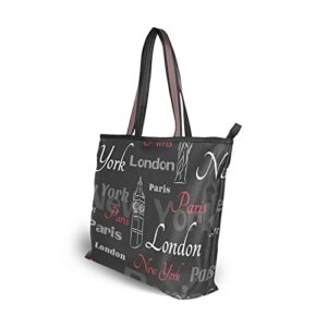 Tote Bag with Pockets for Women Black Words Cloud Shoulder Bag Handbags Zipper Work Small Travel Office Business