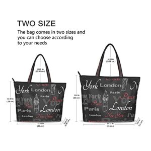 Tote Bag with Pockets for Women Black Words Cloud Shoulder Bag Handbags Zipper Work Small Travel Office Business