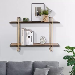Oakrain Floating Shelves Wood, 32" Industrial Wall Shelves with Metal Frame for Bedroom, Living Room, Bathroom, Kitchen, Bar, Gold